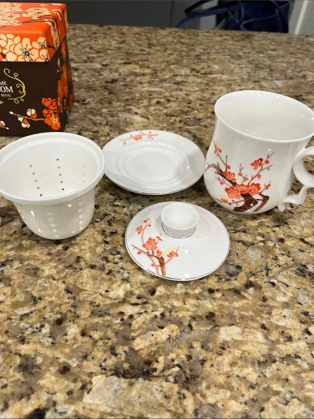 Teavana Okura Ume Blossom Infuser Mug - White with Orange and Red Floral Accents